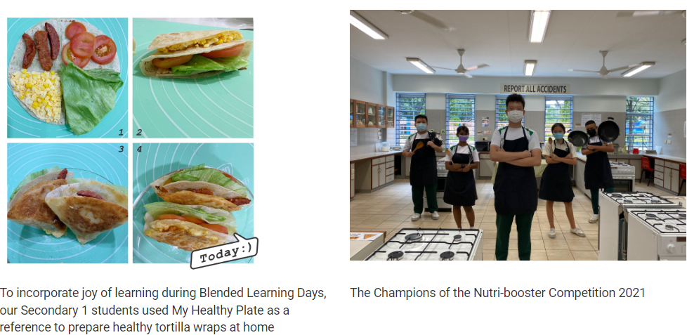 Four steps of tortilla wrap preparation beside a group of masked students in aprons posing in a kitchen classroom.